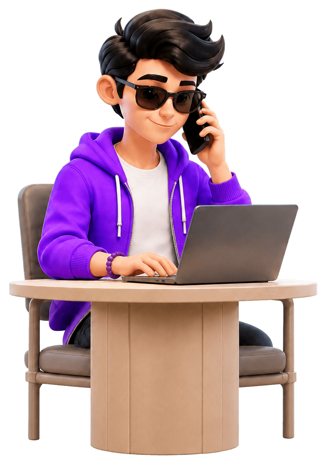 Nephew working at a laptop and phone