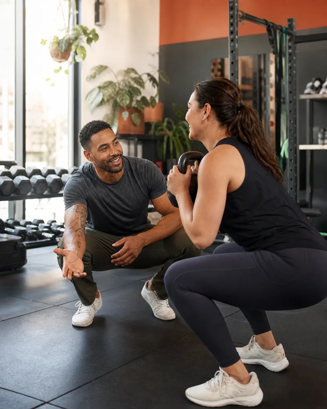 A local gym owner coaching a member in a bright fitness studio