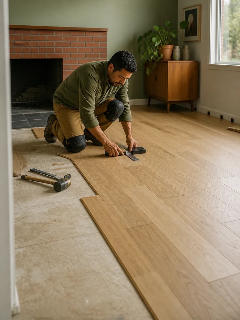 A flooring company owner reviewing a residential install