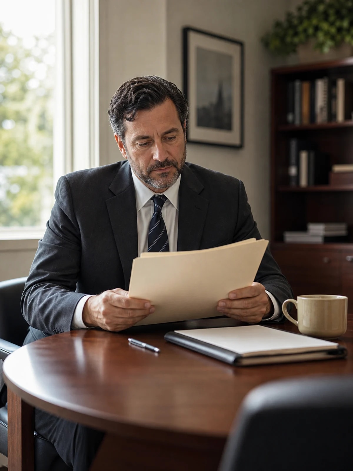 A law firm owner preparing for a client consult