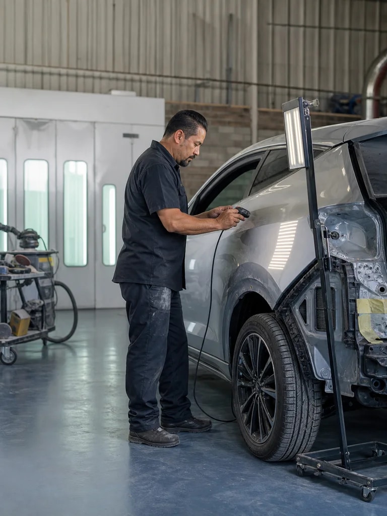An auto body shop owner reviewing a customer vehicle