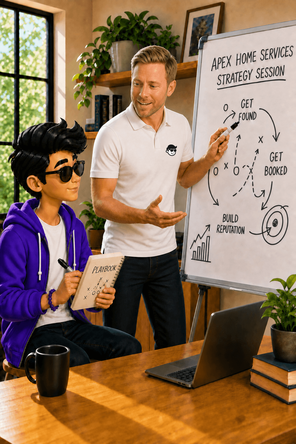 A smiling Nephew Expert in a white Nephew polo leading an Apex Home Services strategy session with Nephew
